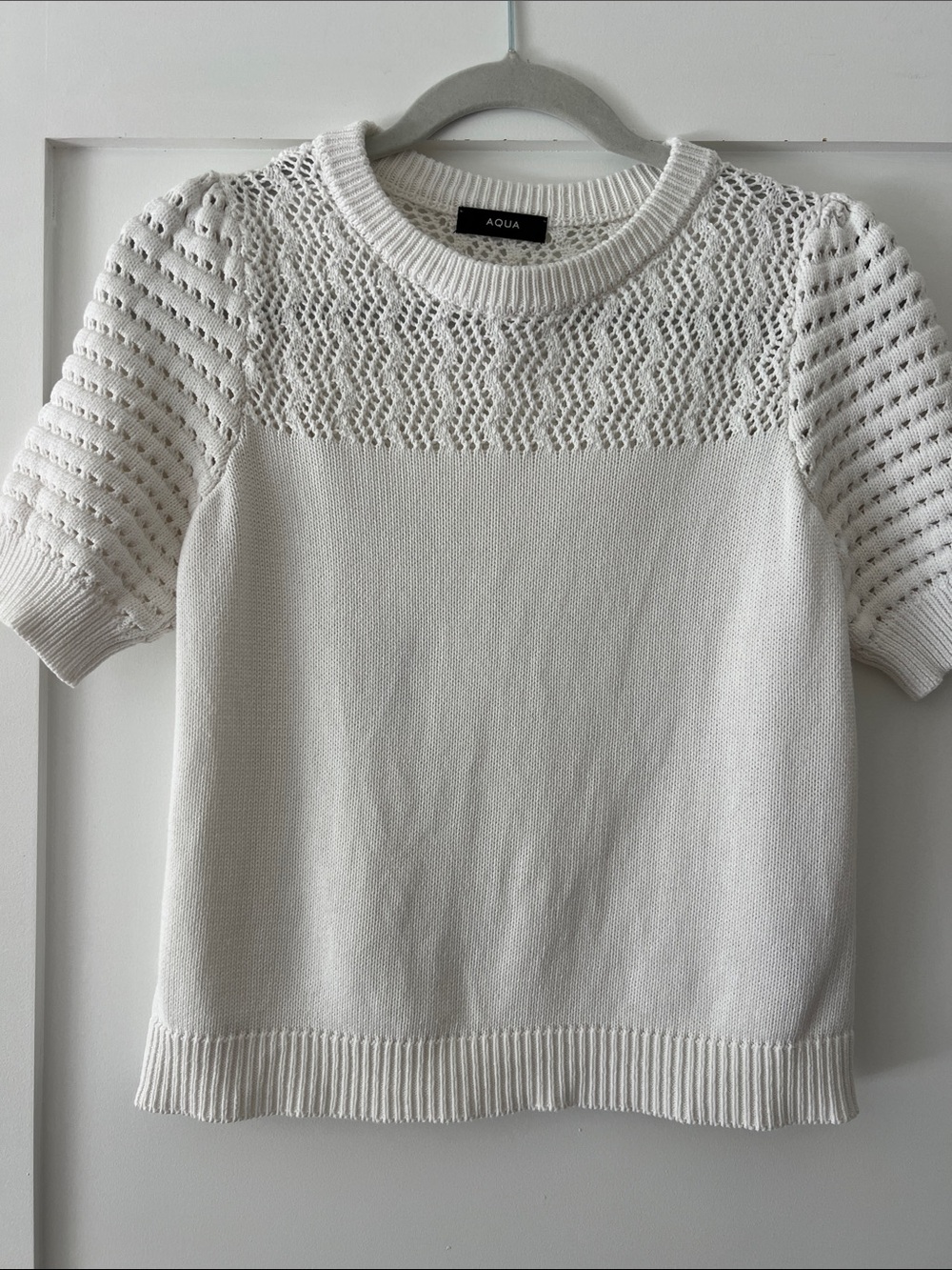 Aqua White Short-Sleeve Openwork Knit Sweater, Size XS